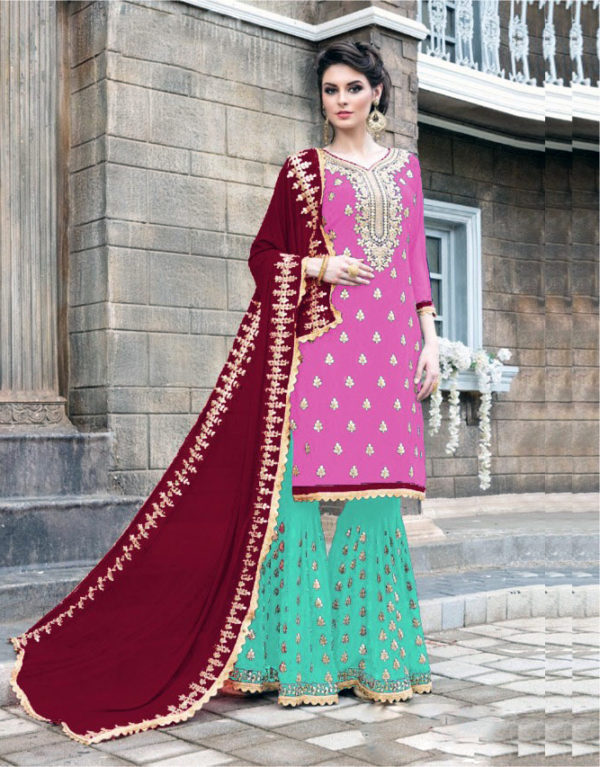 Pink Color Stylish Gota Patti Pattern Sharara Salwar Suit with Heavy Work
