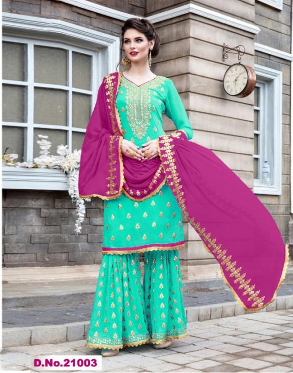 turquoise-green-color-stylish-gota-patti-pattern-sharara-salwar-suit-with-heavy-work