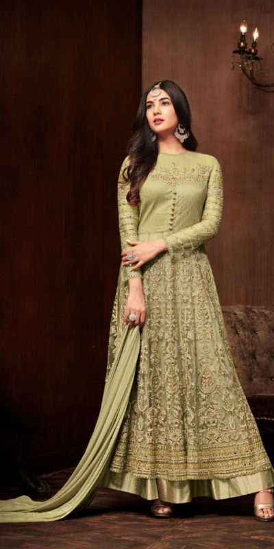 Magnificent Olive Green Color Vaishnavi Net Embroidered Aanarkali suit