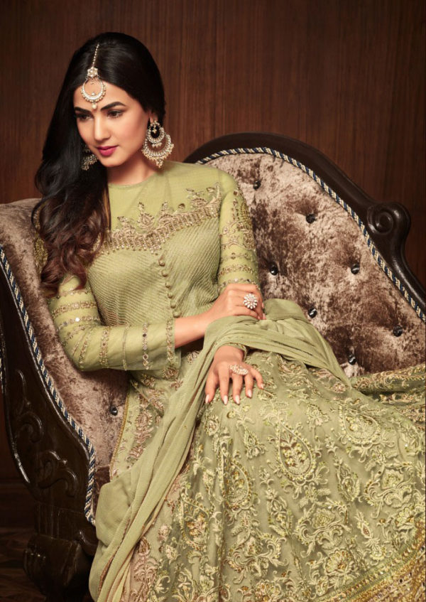 magnificent-Olive Green-color-vaishnavi-net-embroidered-aanarkali-suit