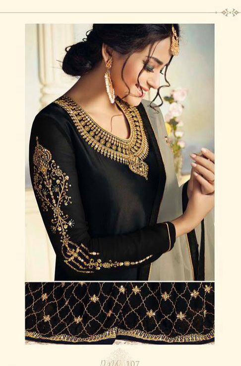 Charismatic Black Color Satin Georgette With Embroidered Work Plazo Suit