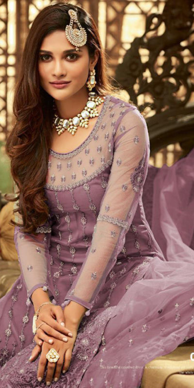 Mesmerizing Purple Color Heavy Net Embroidered Stone Work Sharara Suit
