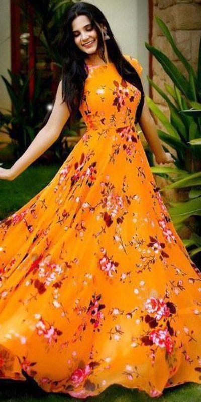 stylish-floral-printed-orange-color-american-creep-silk-gown