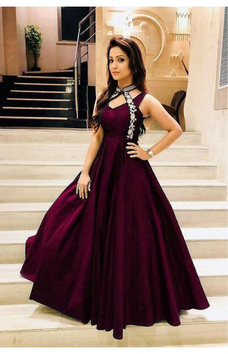Luxurious Look With Wine Taffeta Satin Thread Work Gown
