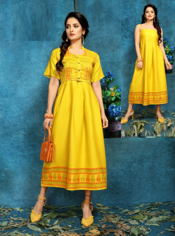 Yellow Color Two Tone High Quality Rayon With Foil Print Kurti With Jacket