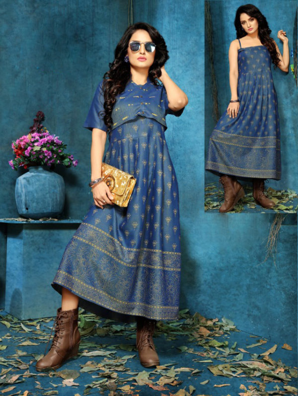 blue-color-two-tone-high-quality-rayon-with-foil-print-kurti-with-jacket
