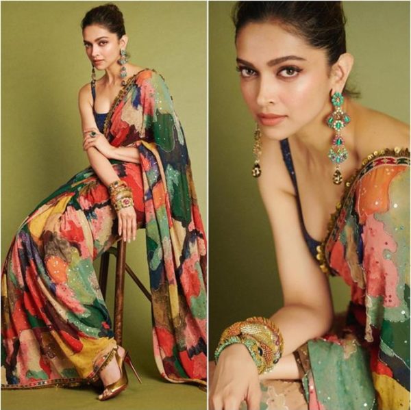 deepika-padukone-multicolour-sabyasachi-sari-earrings-bangles-heels-mumbai