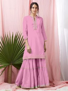 divine-pink-color-heavy-rayon-with-top-with-gota-patti-lace-sharara-suit
