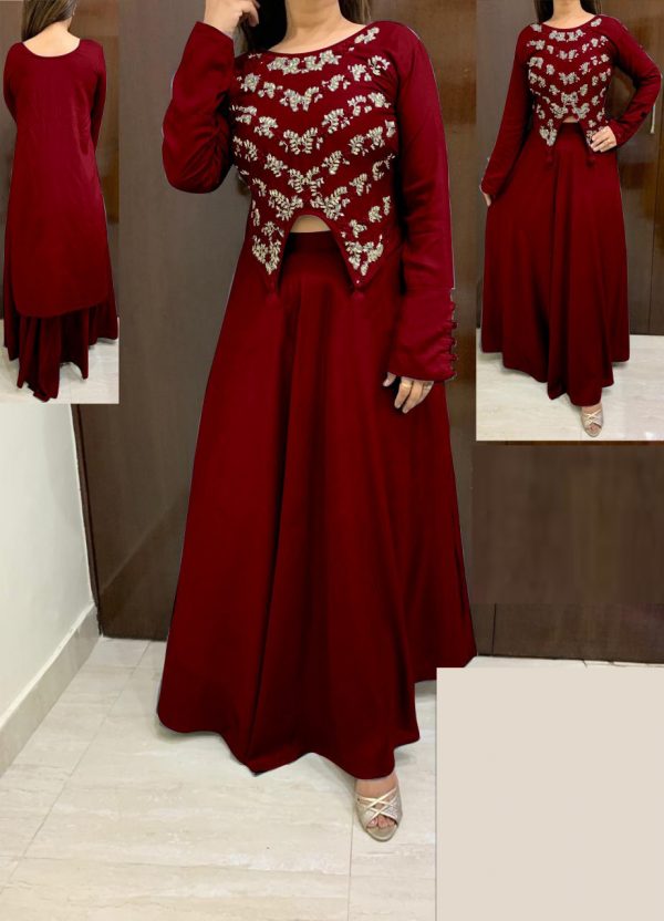 maroon-color-high-low-crop-top-hand-work-in-front-with-stylish-skirt