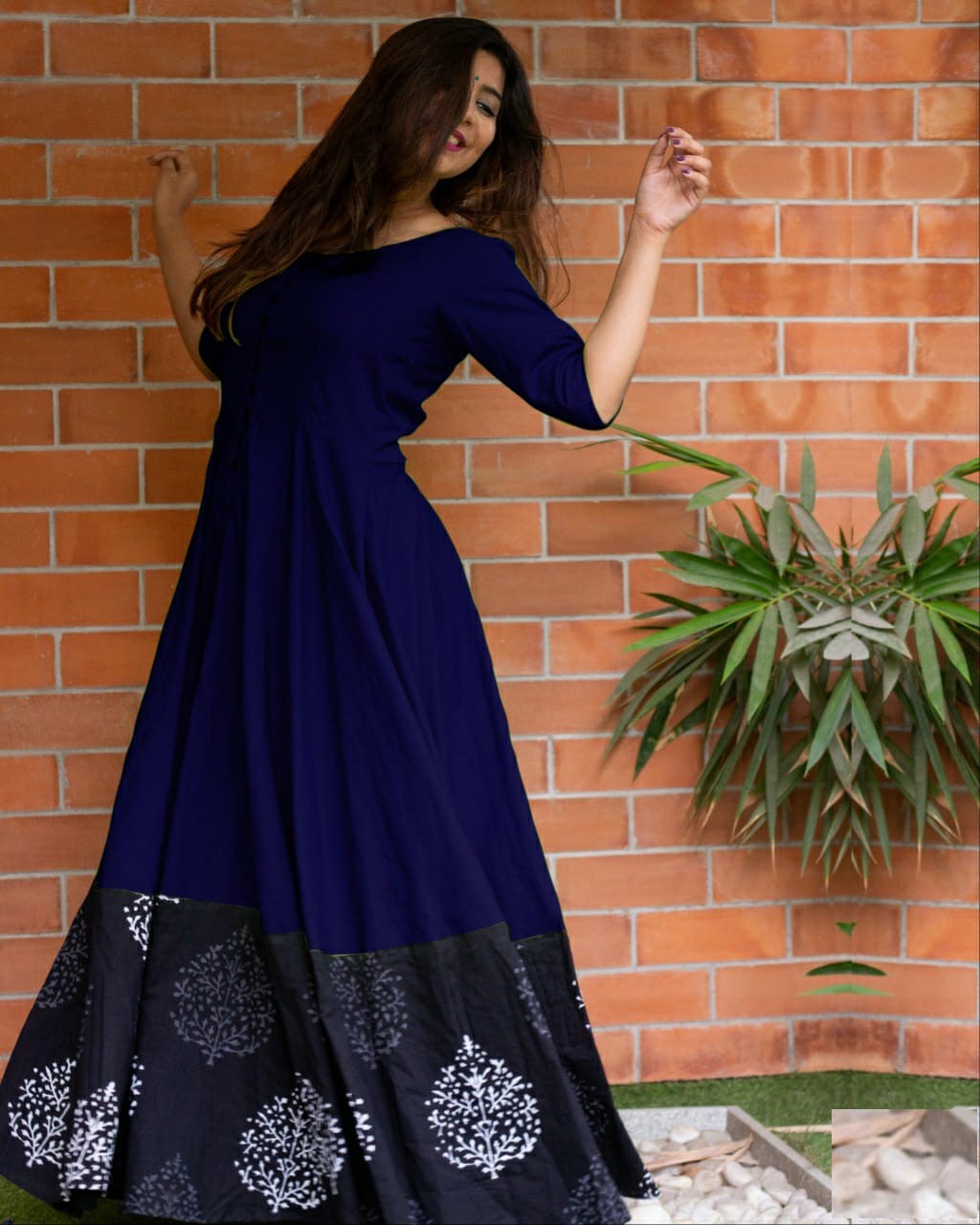 Navy Blue Color Block Flared Gown  101 Hues