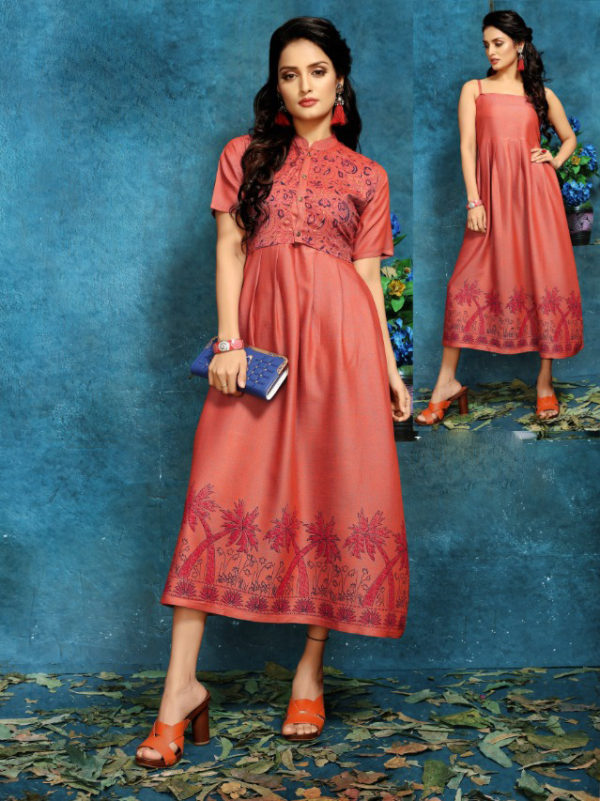 peach-color-two-tone-high-quality-rayon-with-foil-print-kurti-with-jacket