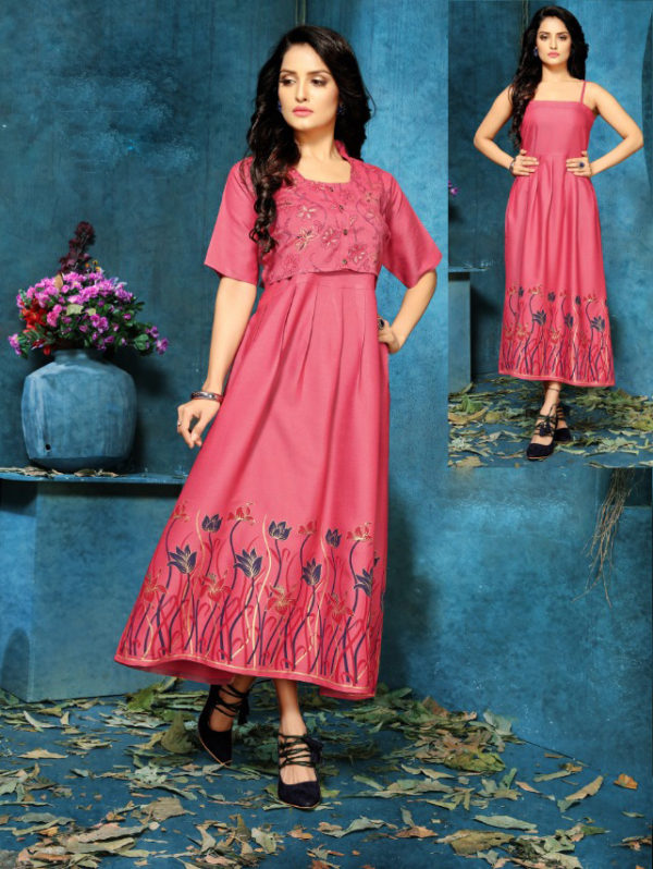 pink-color-two-tone-high-quality-rayon-with-foil-print-kurti-with-jacket