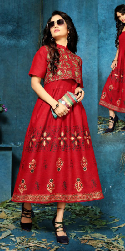 red-color-two-tone-high-quality-rayon-with-foil-print-kurti-with-jacket