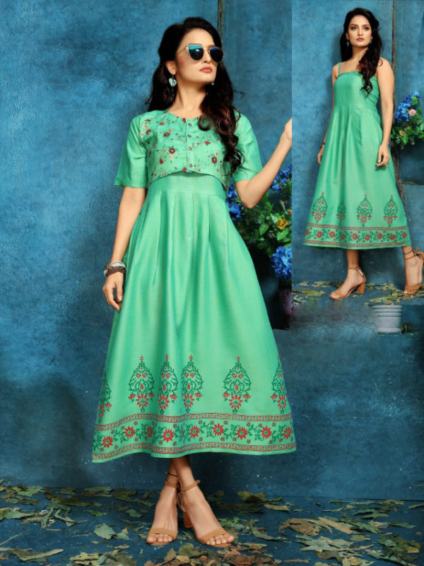 sea-green-color-two-tone-high-quality-rayon-with-foil-print-kurti-with-jacket