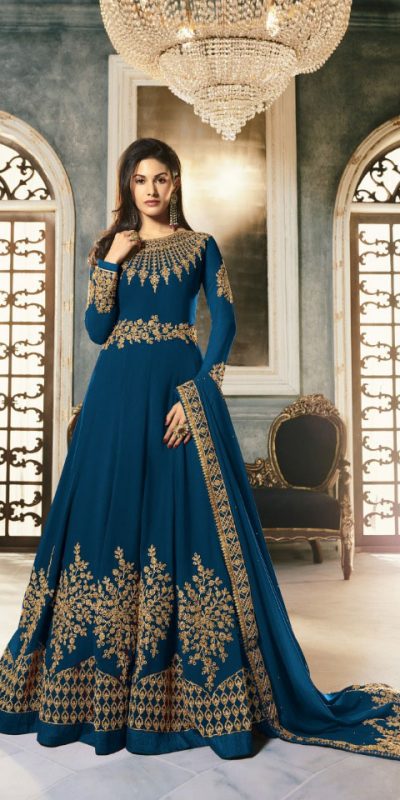 special-peacock-blue-color-pure-georgette-with-cording-stone-work-anarkali-suit