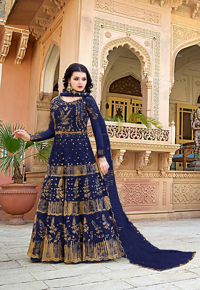Buy Indian Zari Embroidered Net Dark Royal Blue Lehenga LLCV114885