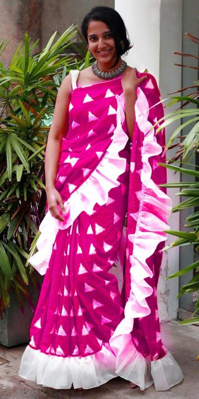 divine-pink-color-zarana-silk-fabric-with-marbal-ruffal-work-saree