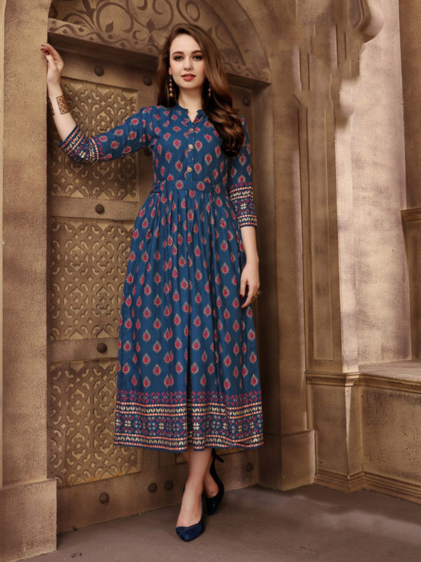 extraordinary-party-wear-peacock-blue-color-high-quality-reyon-foil-printed-kurti