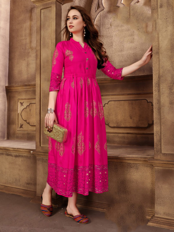 extraordinary-party-wear-pink-color-high-quality-reyon-foil-printed-kurti
