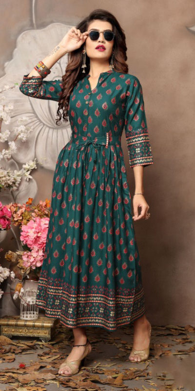 extraordinary-party-wear-teal-green-color-high-quality-reyon-foil-printed-kurti