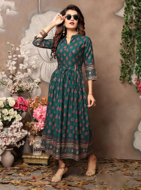 extraordinary-party-wear-teal-green-color-high-quality-reyon-foil-printed-kurti