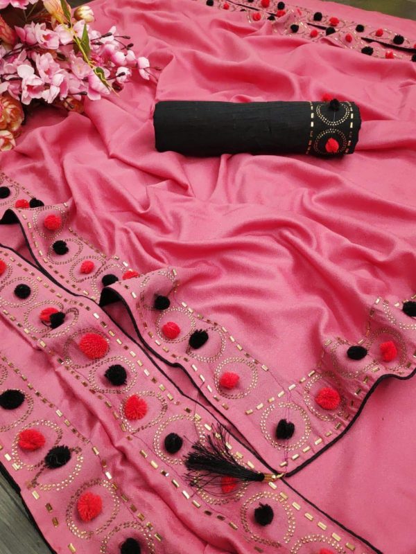 lovely-pink-color-vichitra-silk-with-pum-pum-work-partywear-saree