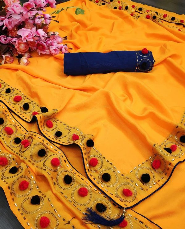 lovely-yellow-color-vichitra-silk-with-pum-pum-work-partywear-saree