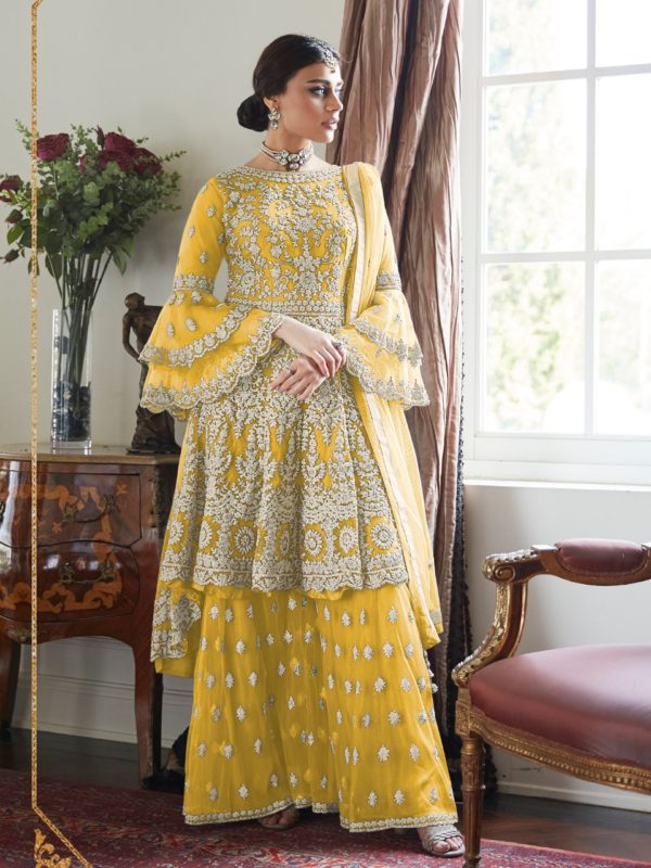 magnificent-yellow-color-butterfly-net-with-heavy-codding-wedding-wear-plazo-suit