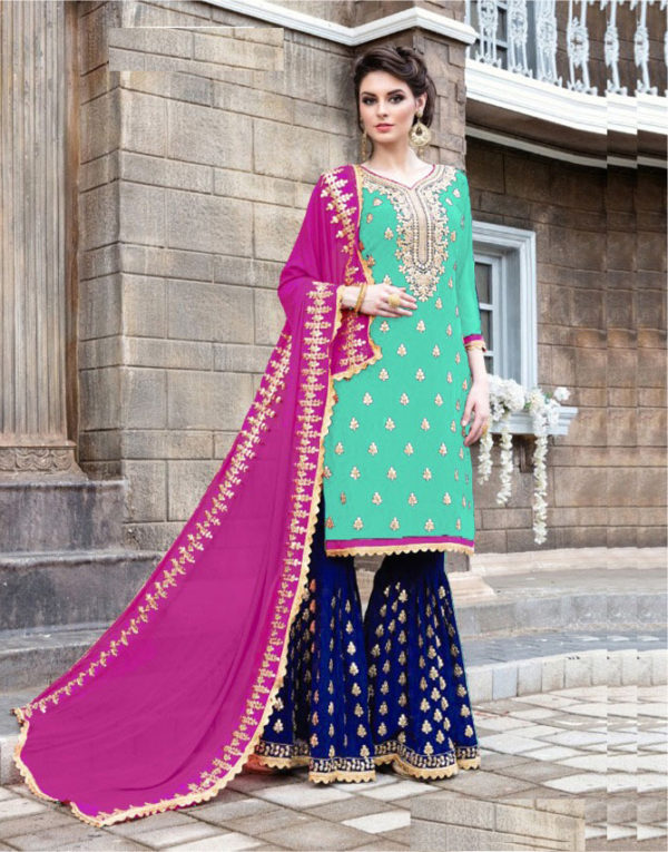 seagreen-blue-color-stylish-gota-patti-pattern-sharara-salwar-suit-with-heavy-work