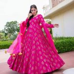 Pink Color Heavy Smooth Rayon With Hand Work Foil Print Long Length Gown