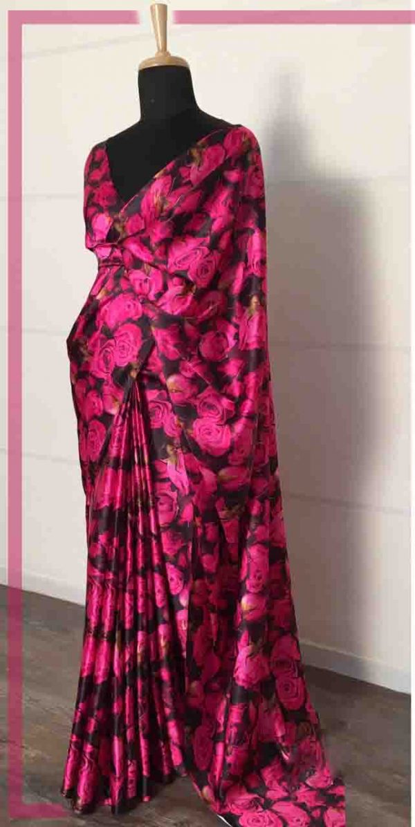 Pink Color Smooth Satin Silk Modern Digital Permanent Floral Printed Saree