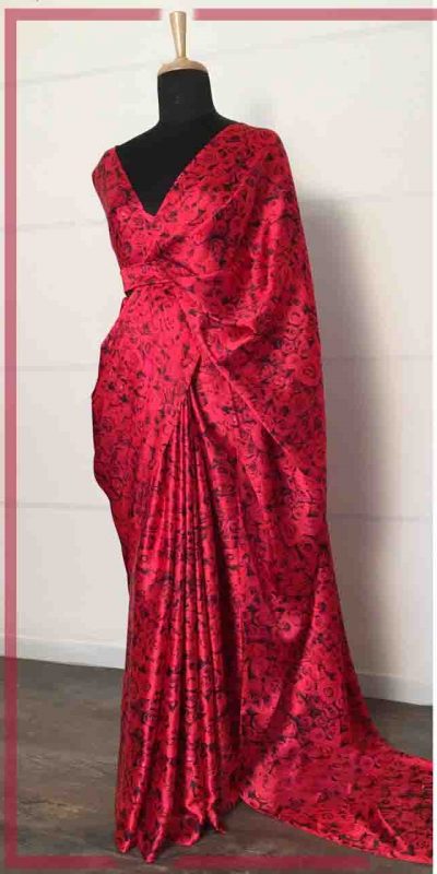 Red Color Smooth Satin Silk Modern Digital Permanent Floral Printed Saree