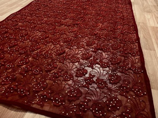 Rose Red Butterfly Net With Dimond Hand Work Saree