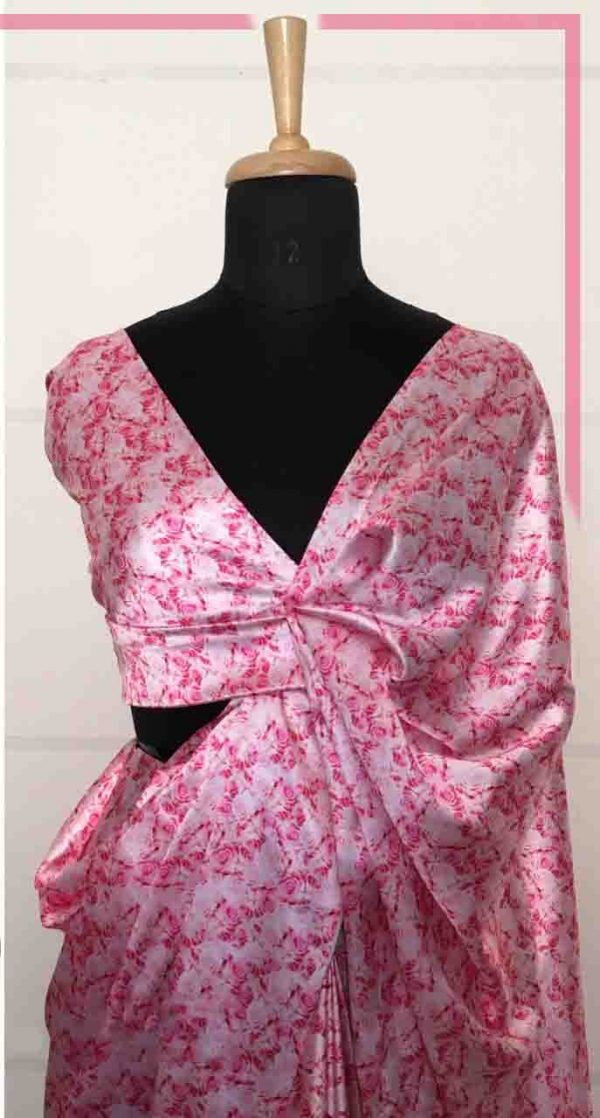 White Pink Color Smooth Satin Silk Modern Digital Permanent Floral Printed Saree
