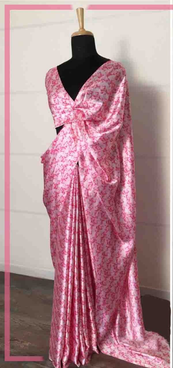 White Pink Color Smooth Satin Silk Modern Digital Permanent Floral Printed Saree
