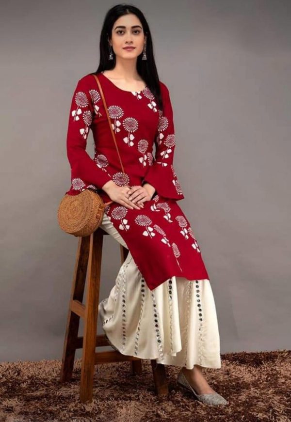 red-color-heavy-rayon-floral-kurta-for-women