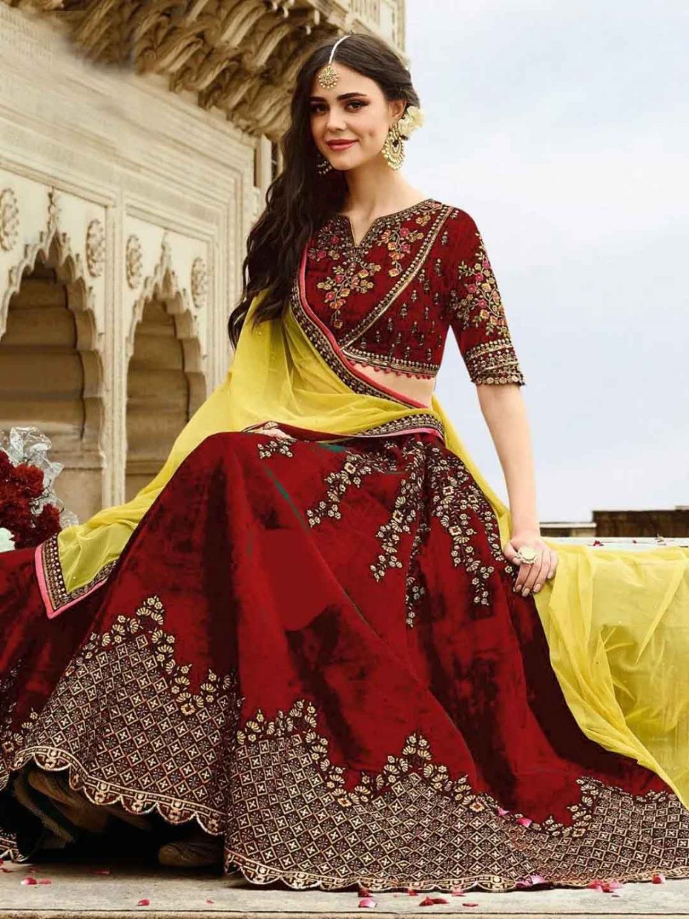 Stunning Wedding Wear Red Color Heavy Velvet Lehenga Choli