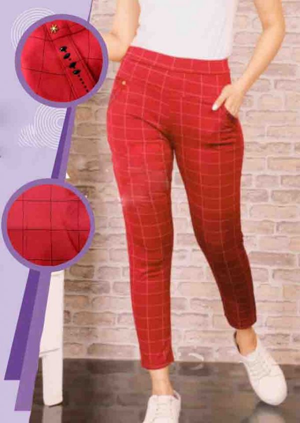 Daily Casual Wear Imported Lycra Fabric Stretchable Chex Bottoms Red