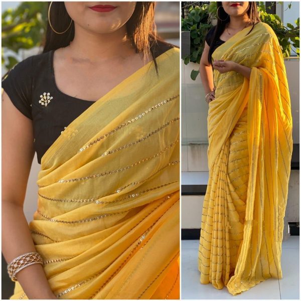 Stylish Yellow&Black Color Georgette With Embroidery Sequence Work Saree