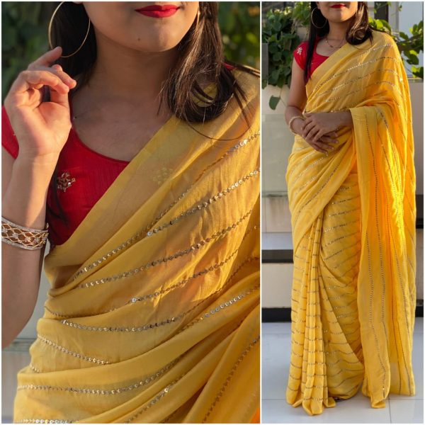 Stylish Yellow&Red Color Georgette With Embroidery Sequence Work Saree
