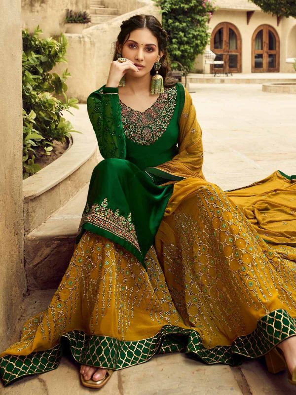 dazzling-amyra-dastur-in-green-yellow-color-georgette-sharara-suit