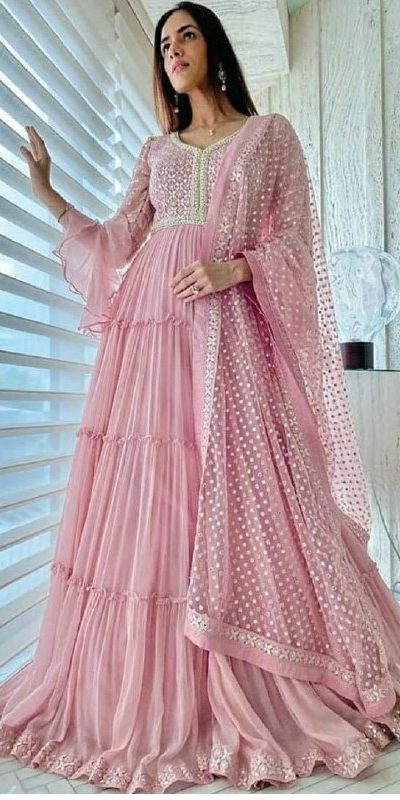 Baby Pink Color Georgette With Embroidery Work New Raffle Style Long Length Gown