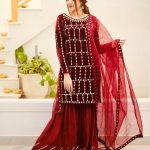 Red Color Original Velvet With Embroidery Real Mirror Handwork Sharara Suit