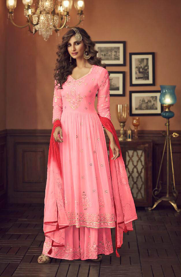 Zoya Pink Color Georgette Wedding Wear Sharara Suit