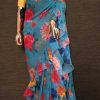 Exotic SkyBlue Color Georgette With Cute Floral Printed Ruffle Style Saree