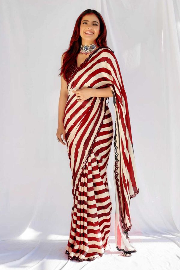 beauteous-kajol-in-red-white-striped-saree-with-heavy-sequence-blouse