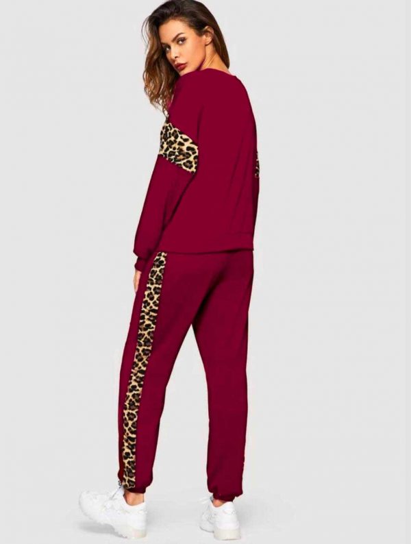 Pink Color Leopard Panel Pullover and Joggers Set Track Suit