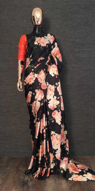 YNF 7048 Black Color Heavy Satin With Floral Printed Party Wear Saree Wedding Daily Events
