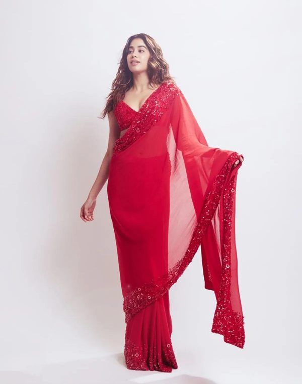 gorgeous-jahnavi-kapoor-in-red-color-bollywood-party-wear-saree