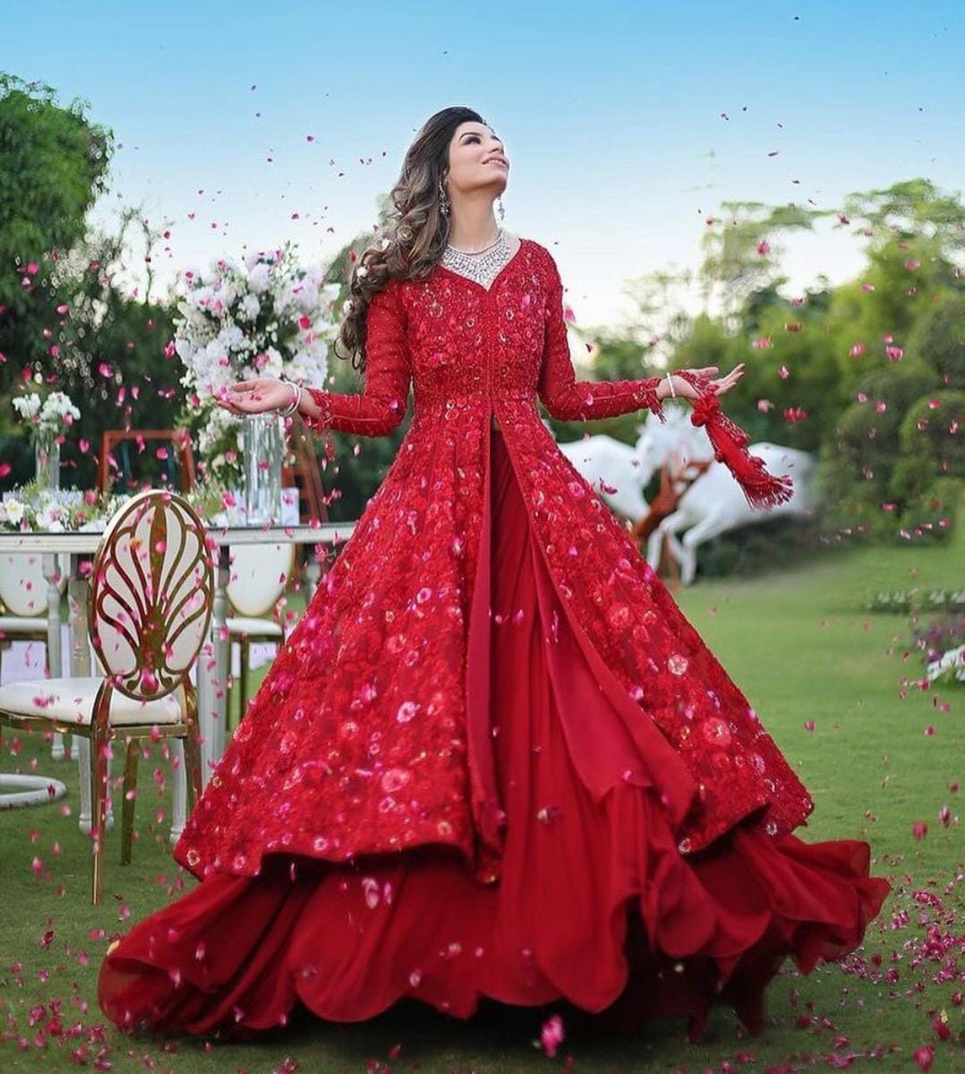 Harmonious Red Color Georgette With Embroidery Work Party Wear Gown